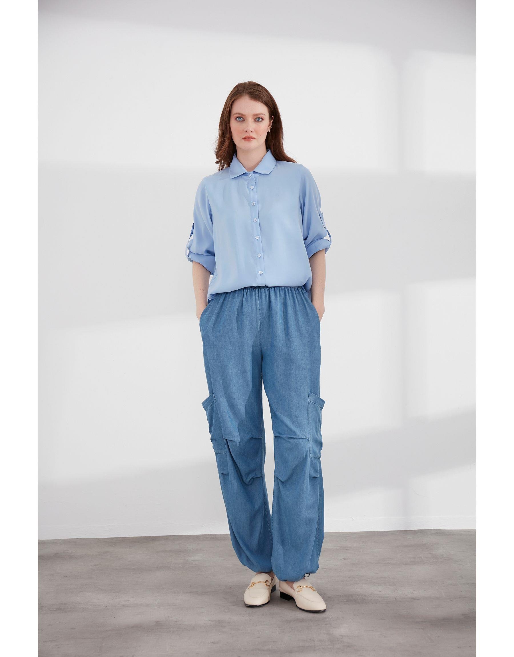 Almarwah Kargo Cepli Paçası Büzgülü Tencel Kot Pantolon 606051