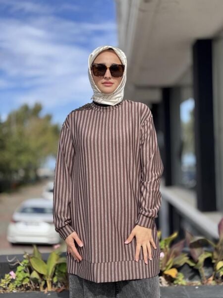 Almarwah Omuz Detaylı Çizgili Viscon Tunik 102235