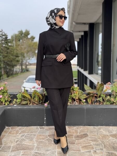 Qupra Arkadan Düğmeli Kemerli Tunik Pantolon Takım WAC92018