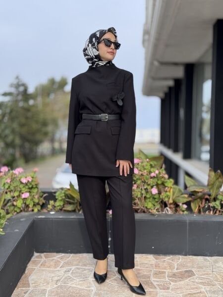 Qupra Arkadan Düğmeli Kemerli Tunik Pantolon Takım WAC92018