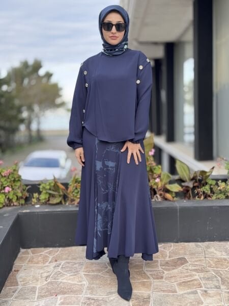 Misswhence Düğme ve Baskı Detaylı Etek Bluz Takım 38032