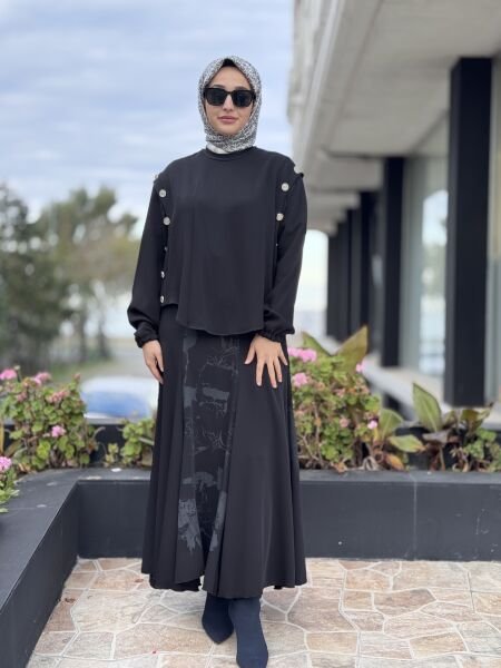 Misswhence Düğme ve Baskı Detaylı Etek Bluz Takım 38032