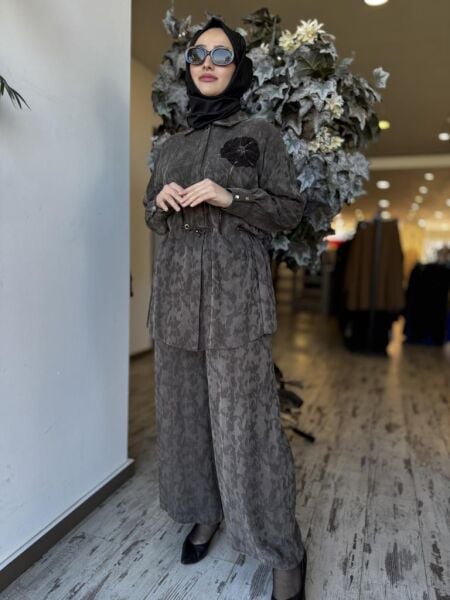 Ghisa Çiçek Detaylı Belden Büzgülü Cupra Tunik Pantolon Takım 4598