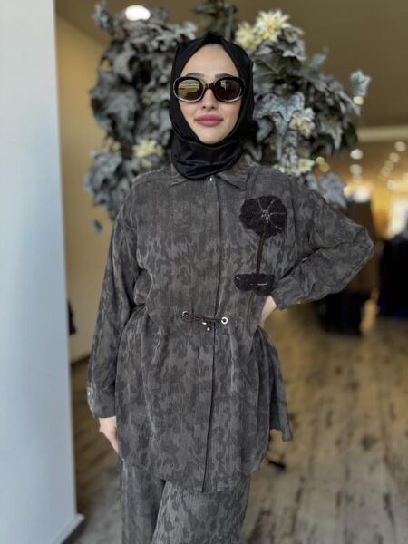 Ghisa Çiçek Detaylı Belden Büzgülü Cupra Tunik Pantolon Takım 4598