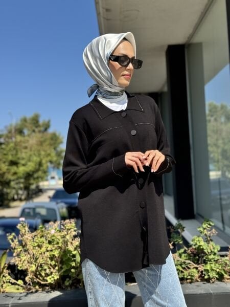 Tığ Triko Cep Detaylı Polo Yakalı Rayon Triko Hırka HRK21562