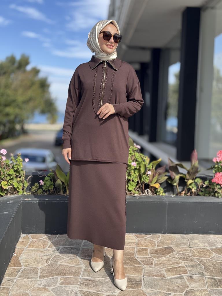 Misswhence Teknik Kumaş ve Şerit Kurdele Detaylı Triko Etek 38918