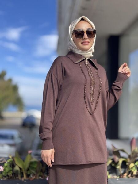 Misswhence Önü Şerit Kurdele Detaylı Yarım Fermuarlı Triko Tunik 38018