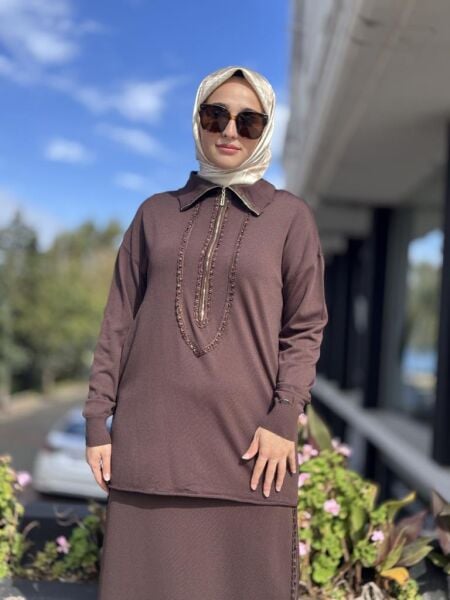 Misswhence Önü Şerit Kurdele Detaylı Yarım Fermuarlı Triko Tunik 38018