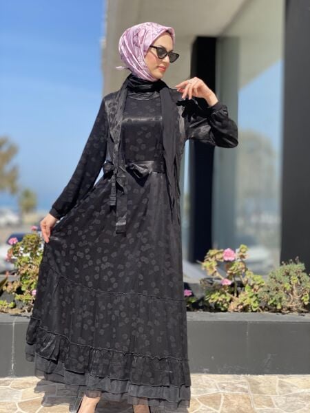 Misswhence Desenli İpek Elbise 35808 SİYAH - 38