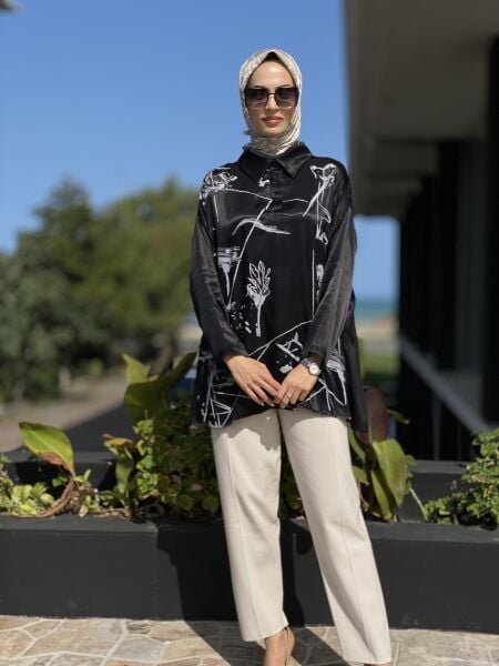 Almarwah Önü Baskılı Siyah Saten Tunik 102135