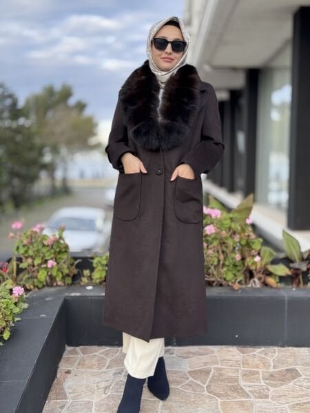 Kahma Seyyar Kürk Yakalı Kaşe Kaban