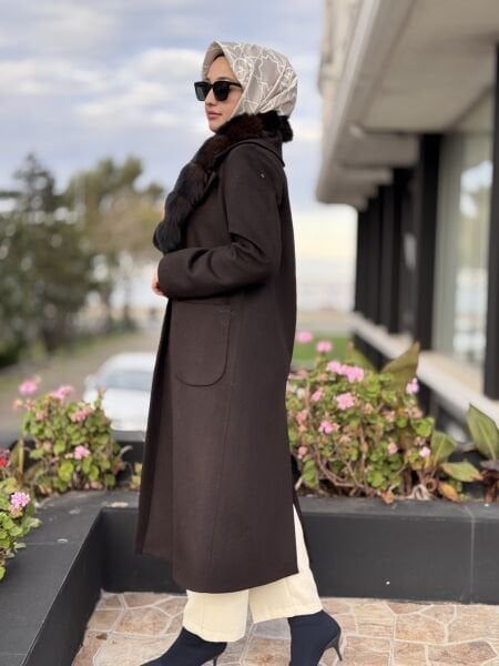 Kahma Seyyar Kürk Yakalı Kaşe Kaban