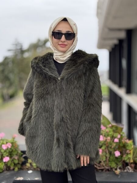 Kahma Kapüşonlu Kürk Kaban