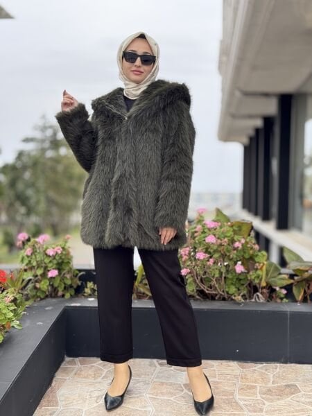 Kahma Kapüşonlu Kürk Kaban