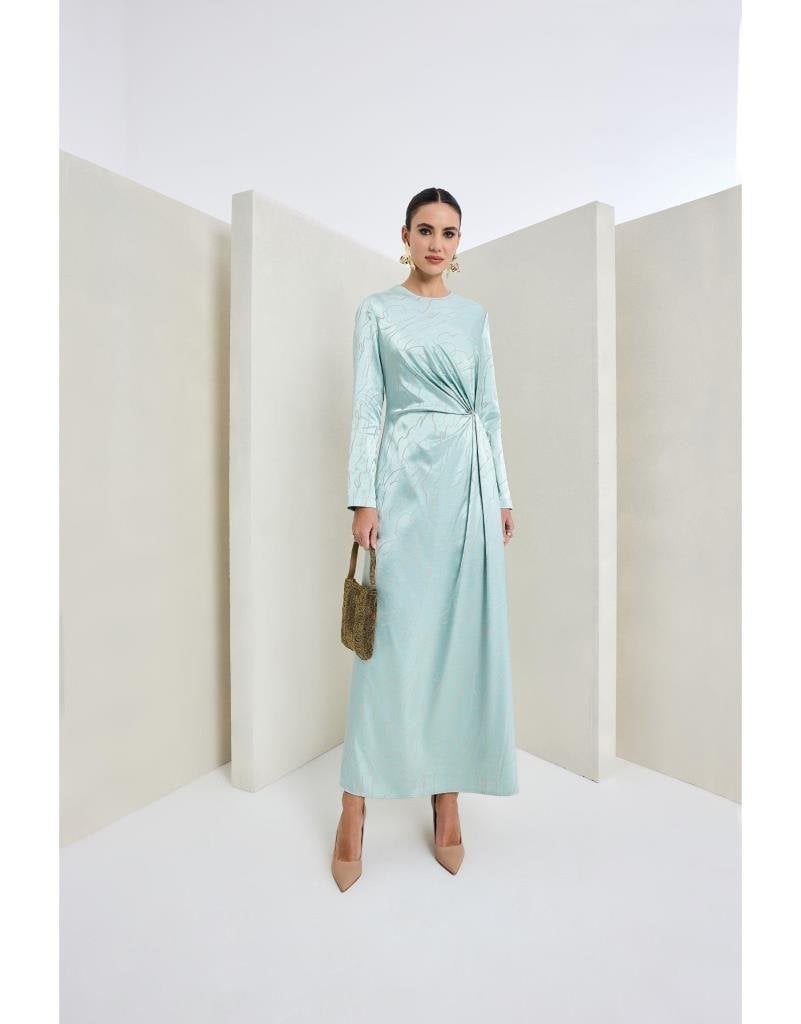 Almarwah Belden Büzgülü Saten Elbise 90474