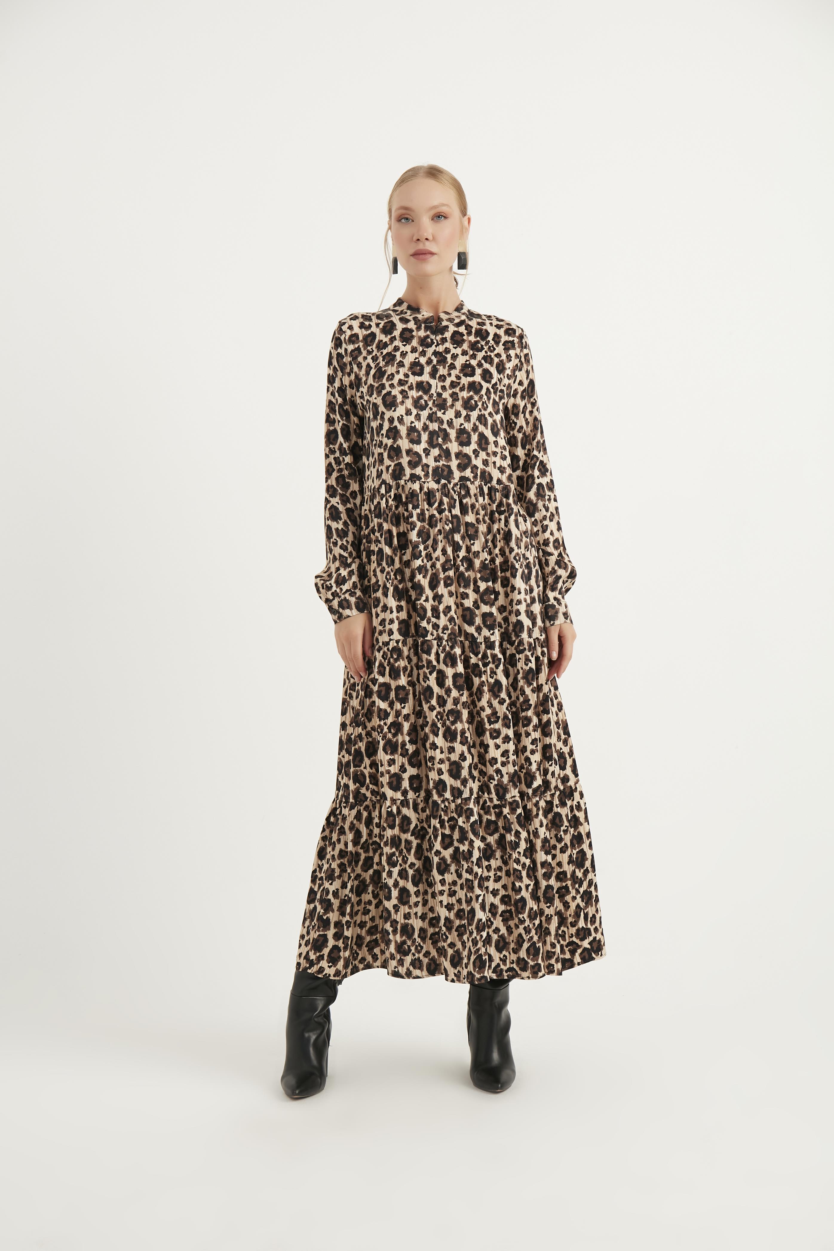 Almarwah Leopar Desenli Viscon Elbise 303695
