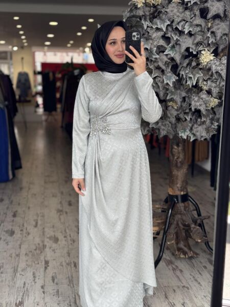 Almarwah Önden Drapeli Beli Taş Detaylı Abiye Elbise 90479