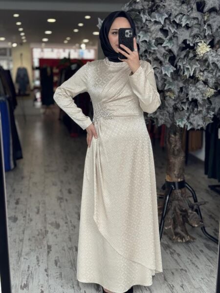 Almarwah Önden Drapeli Beli Taş Detaylı Abiye Elbise 90479