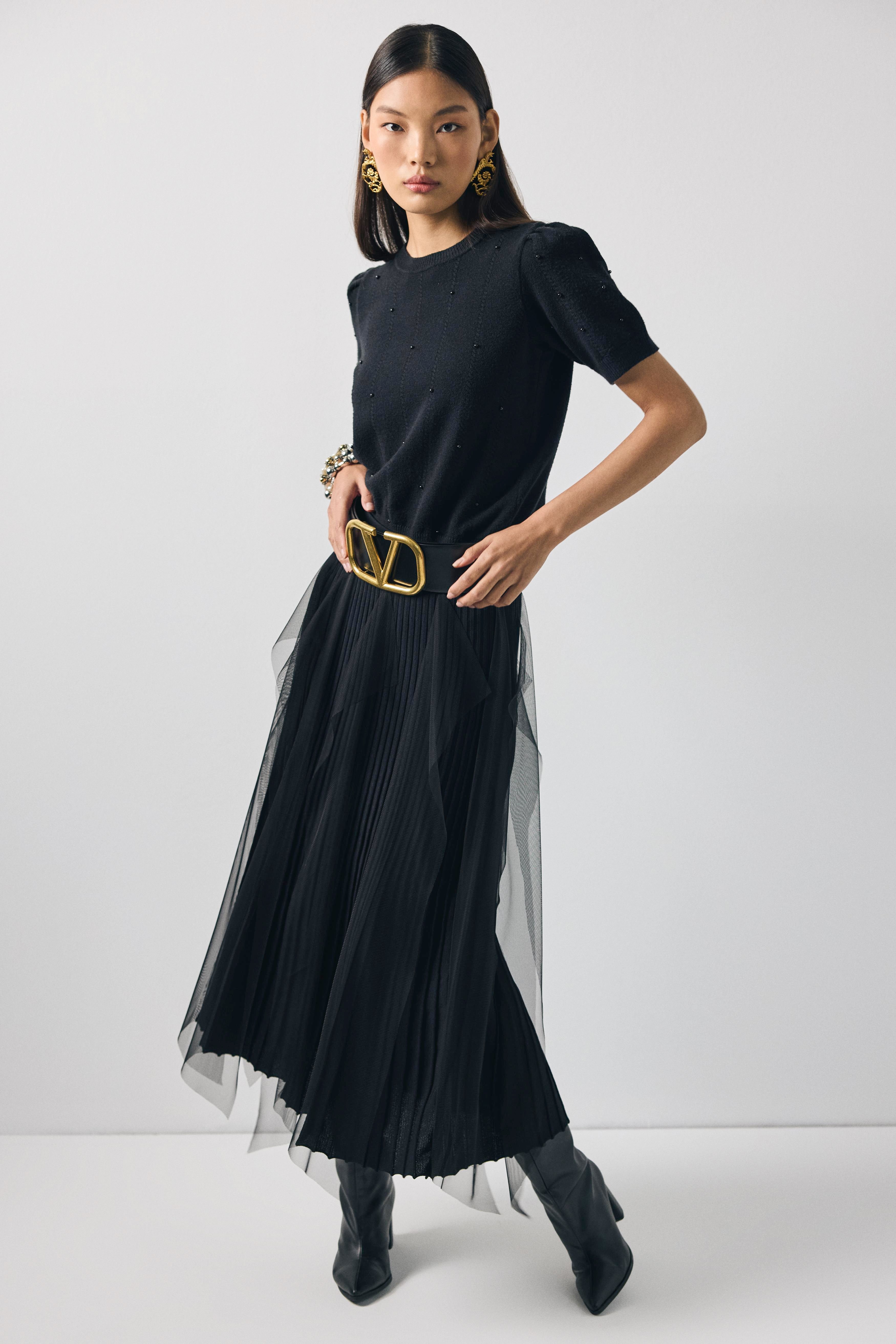 Tığ Triko Tül Detaylı Rayon Etek ETK21979