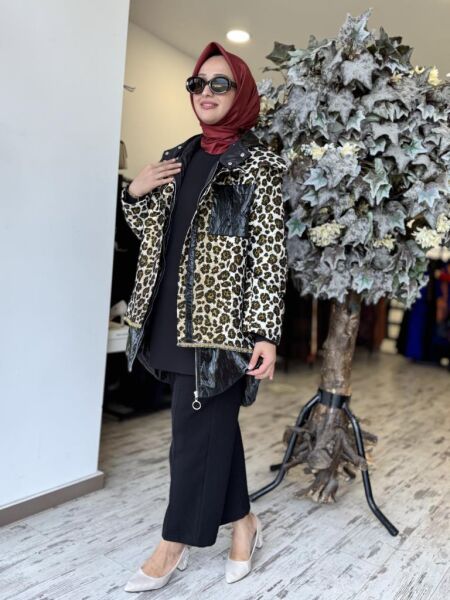 Kahma Leopar Desenli Fermuarlı Kap