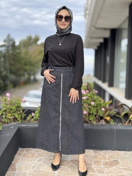 Ghisa Önü Leopar Desenli Fermauar Detaylı Çan Etek G5373