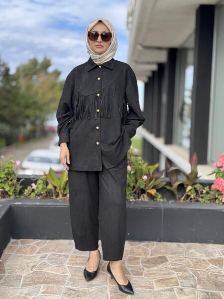 Ghisa Püskül ve Gold Düğme Detaylı Süet Gömlek Pantolon Takım G4119