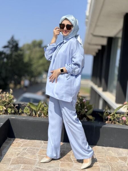 Tığ Triko Yarım Patlı Apoletli Tunik Pantolon Takım TKM3023