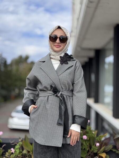 Qupra Kazayağı Desenli Deri Detaylı Ceket WAC91048