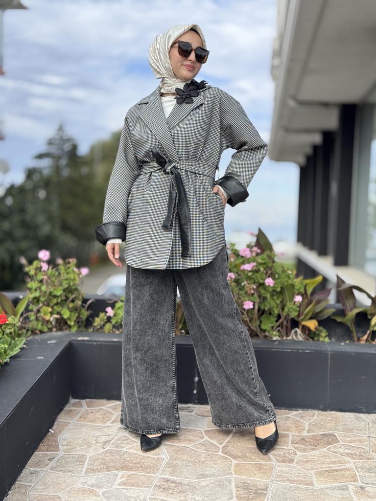 Qupra Kazayağı Desenli Deri Detaylı Ceket WAC91048