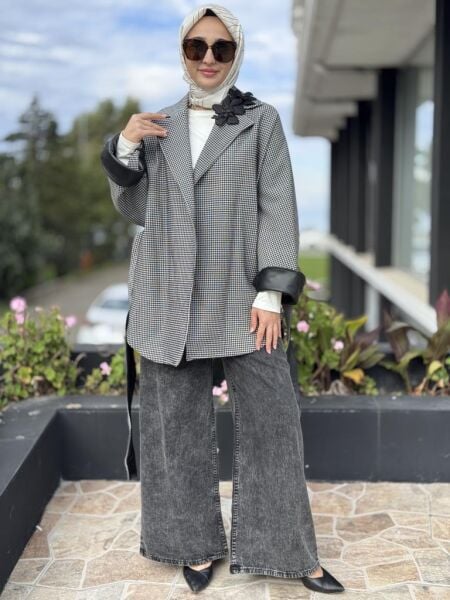 Qupra Kazayağı Desenli Deri Detaylı Ceket WAC91048