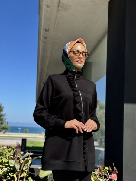 Tığ Triko Asimetrik Fermuarlı Fırfır Detaylı Penye Tunik TNK1955