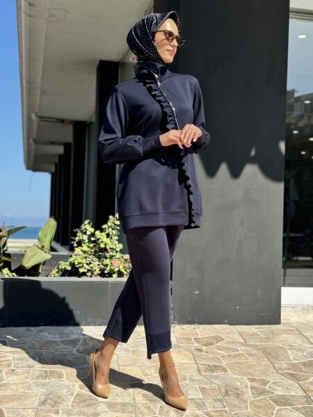 Tığ Triko Asimetrik Fermuarlı Fırfır Detaylı Penye Tunik TNK1955