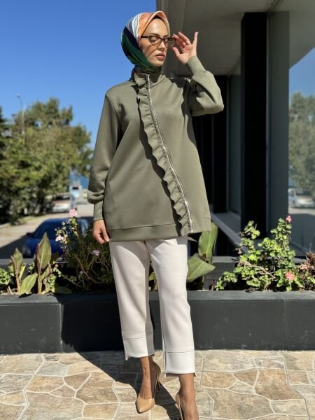 Tığ Triko Asimetrik Fermuarlı Fırfır Detaylı Penye Tunik TNK1955