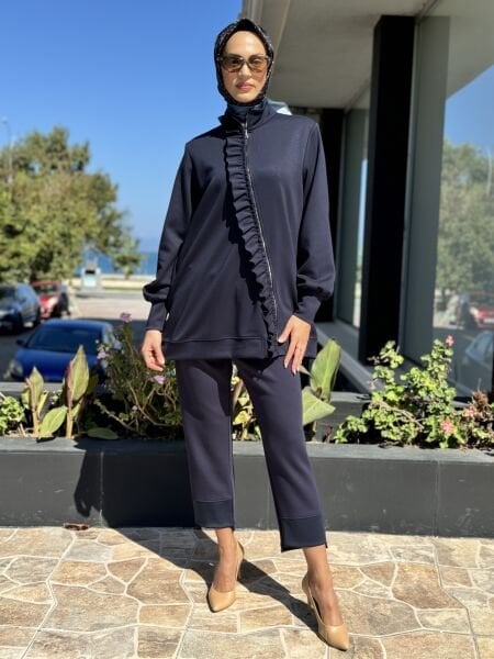 Tığ Triko Asimetrik Fermuarlı Fırfır Detaylı Penye Tunik TNK1955