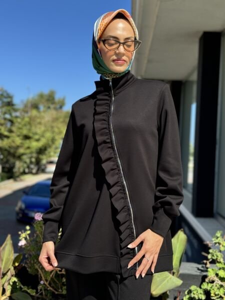 Tığ Triko Asimetrik Fermuarlı Fırfır Detaylı Penye Tunik TNK1955