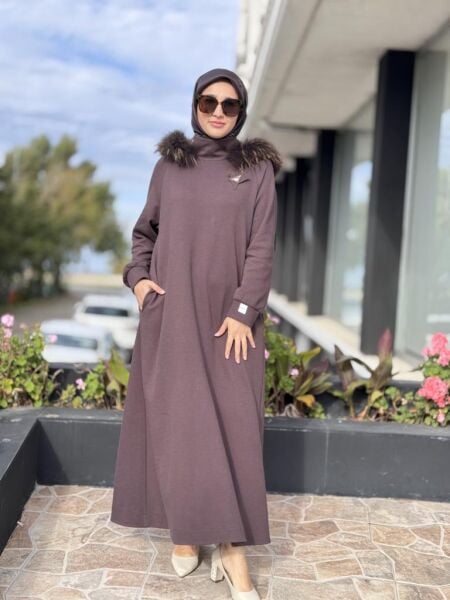 Qupra Seyyar Kürk Kapüşonlu Cep Detaylı Elbise WAC95009
