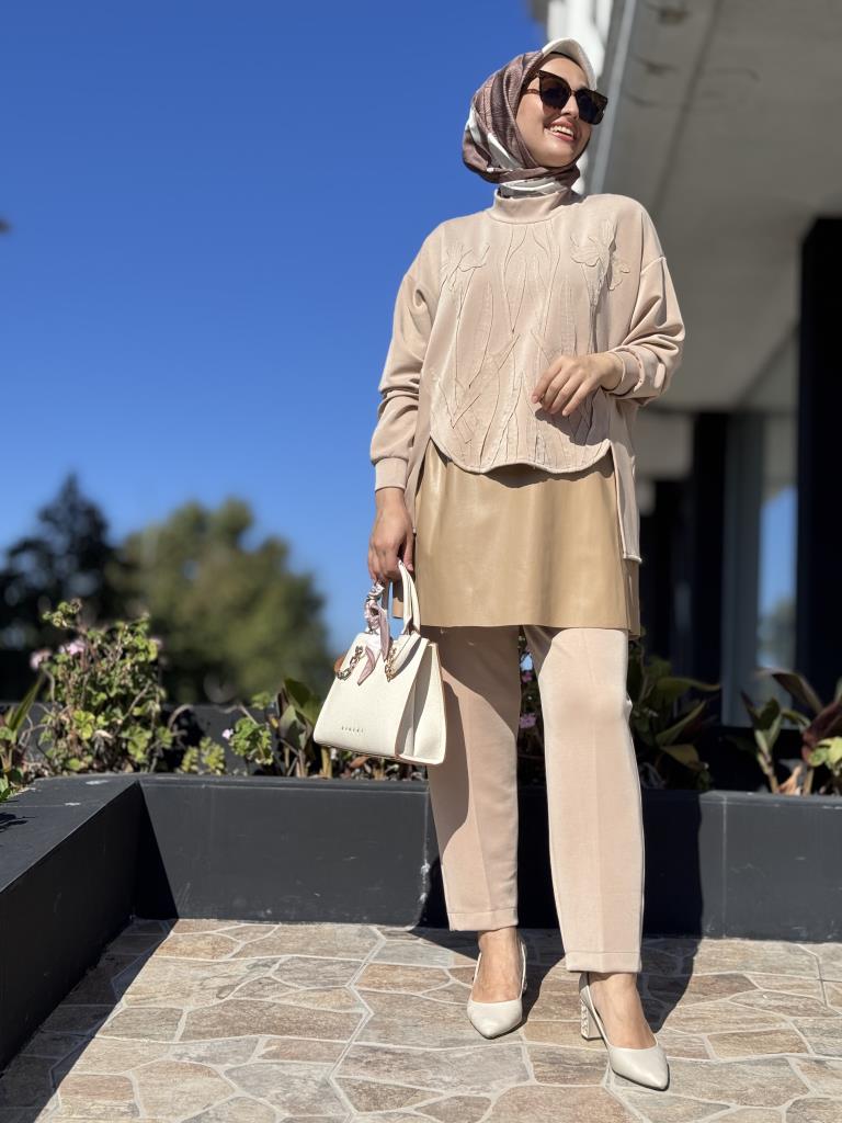 Qupra Parça ve Deri Detaylı 3 lü Tunik Pantolon Takım WAC92097