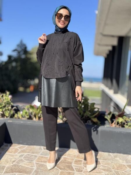 Qupra Parça ve Deri Detaylı 3 lü Tunik Pantolon Takım WAC92097