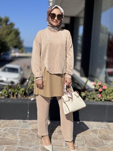 Qupra Parça ve Deri Detaylı 3 lü Tunik Pantolon Takım WAC92097