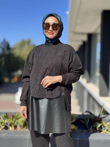 Qupra Parça ve Deri Detaylı 3 lü Tunik Pantolon Takım WAC92097