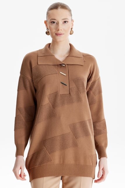 Tığ Triko Polo Yakalı Kabartma Örgülü Triko Tunik TNK21544