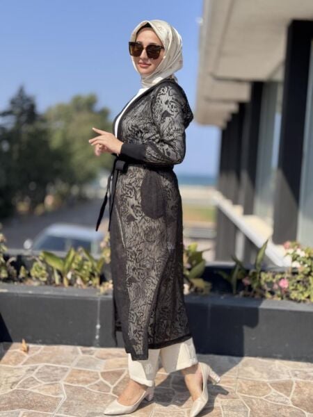 Tığ Triko Dantel Efenktli Kapüşonlu Uzun Kap KAP2094