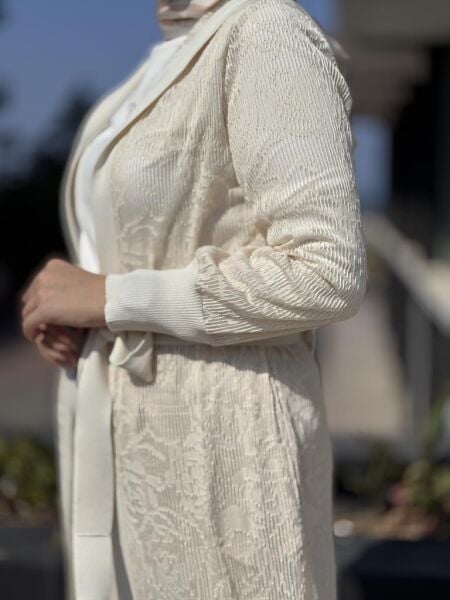 Tığ Triko Dantel Efenktli Kapüşonlu Uzun Kap KAP2094