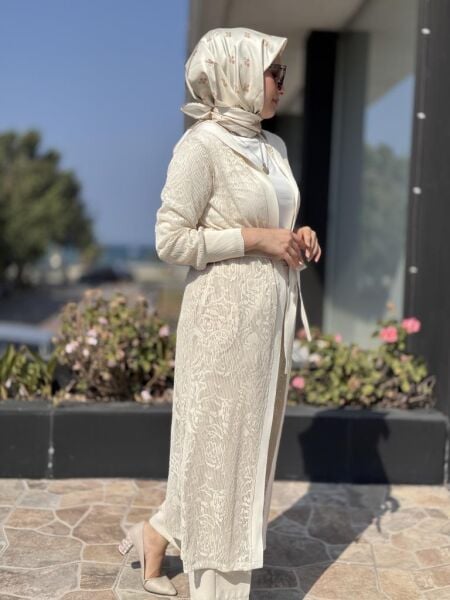 Tığ Triko Dantel Efenktli Kapüşonlu Uzun Kap KAP2094