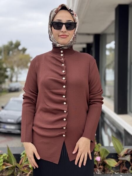 Ghisa İnci Düğme Detaylı Büzgülü Hırka 3294