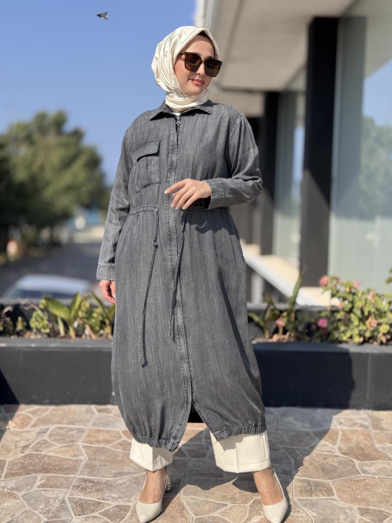 Almarwah Cep ve Fermuar Detaylı Belden Bağcıklı Tencel Kot Kap 404892