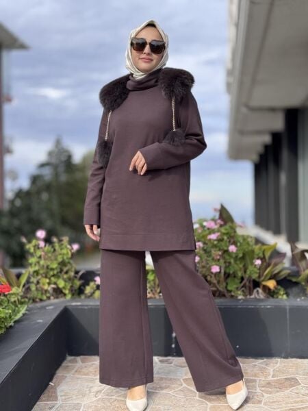 Qupra Seyyar Kürk Aksesuarlı Tunik Pantolon Takım WAC92054