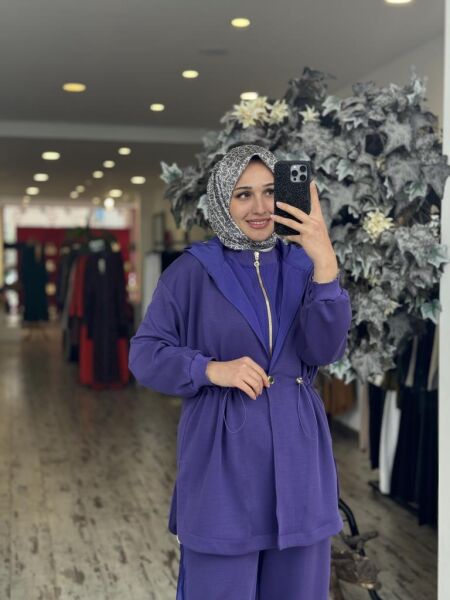Ghisa Belden Büzgülü Kapüşonlu Ceket Pantolon Takım 4789 MOR - 1