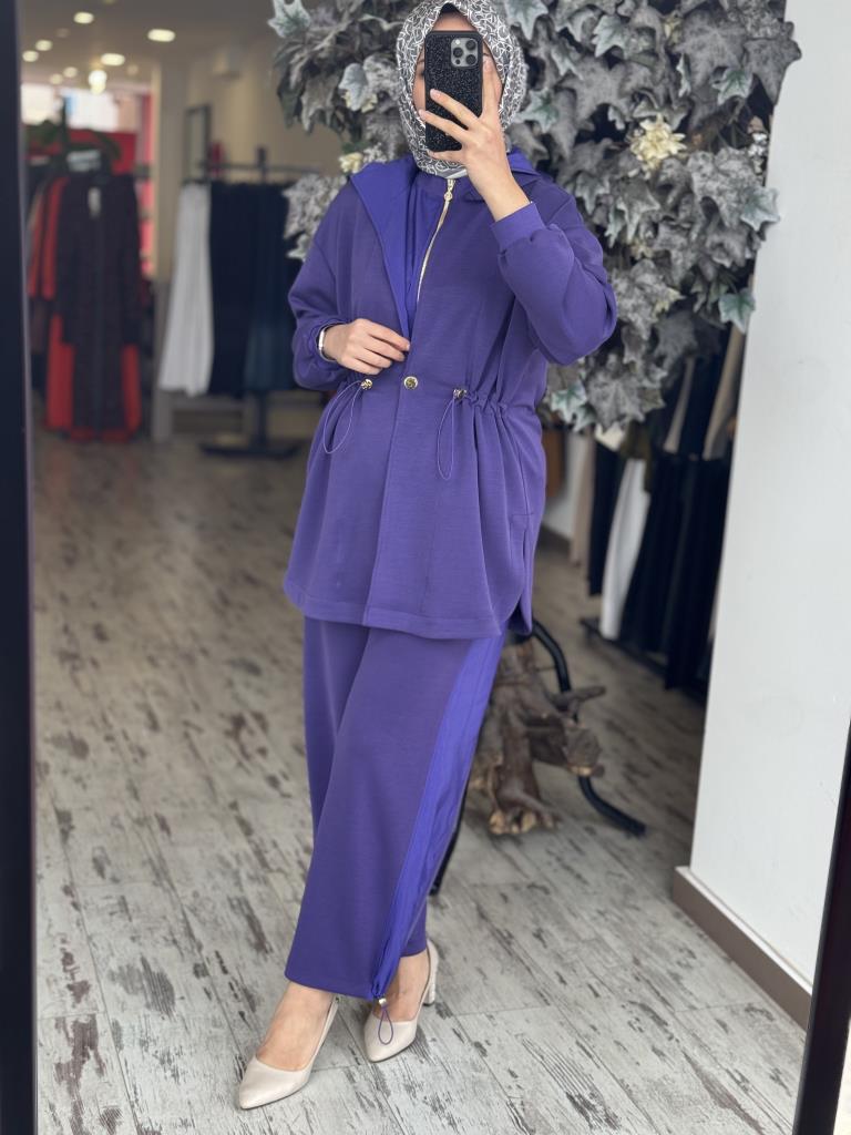 Ghisa Belden Büzgülü Kapüşonlu Ceket Pantolon Takım 4789 MOR - 1