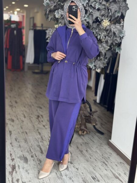 Ghisa Belden Büzgülü Kapüşonlu Ceket Pantolon Takım 4789 MOR - 1